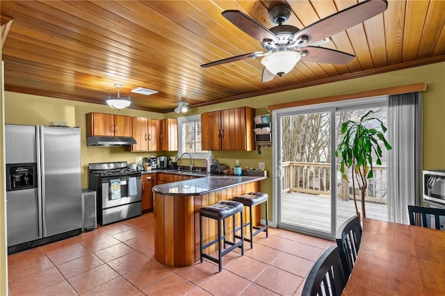 kitchen with under cabinet range hood, stainless steel appliances, a peninsula, brown cabinets, and dark countertops