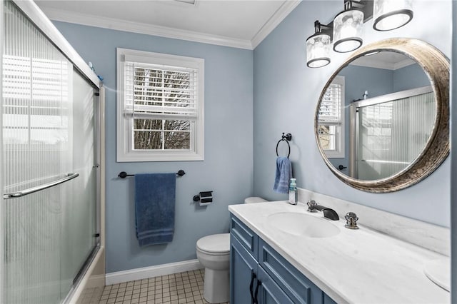 full bathroom with tile patterned flooring, toilet, vanity, baseboards, and crown molding