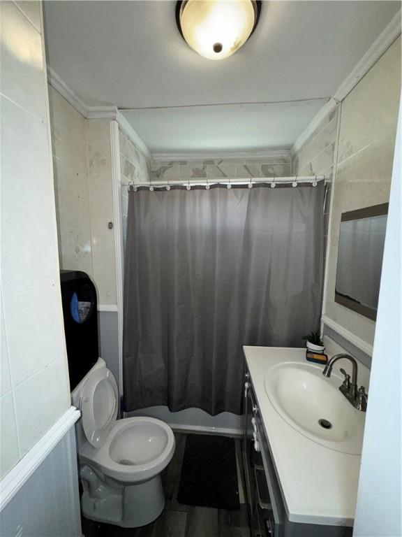 full bathroom featuring toilet, curtained shower, and vanity