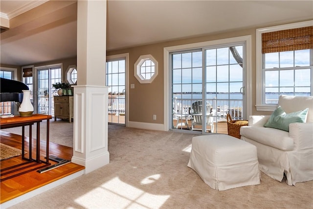 living area with a water view, carpet, decorative columns, and baseboards