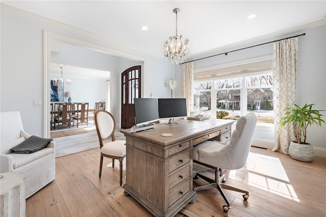 1040 Buttonwoods Ave, Warwick, RI 02886 - home office featuring a chandelier, light wood finished floors, ornamental molding, recessed lighting, and baseboards