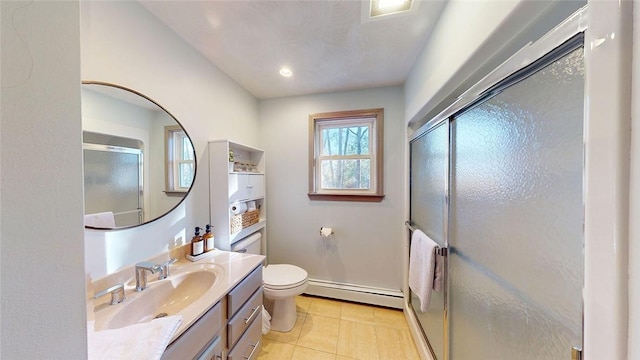 bathroom with visible vents, toilet, a stall shower, vanity, and a baseboard radiator