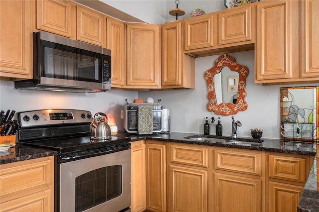 kitchen with appliances with stainless steel finishes, dark stone counters, and a sink