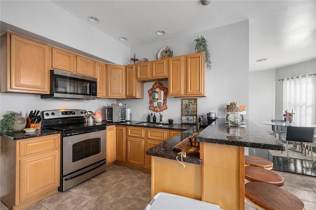 kitchen featuring a peninsula, dark stone counters, stainless steel appliances, and a sink