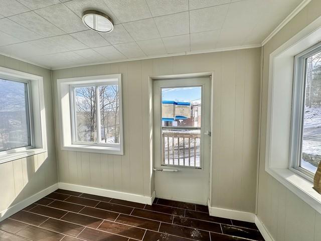 entryway featuring crown molding, wood tiled floor, a wealth of natural light, and baseboards