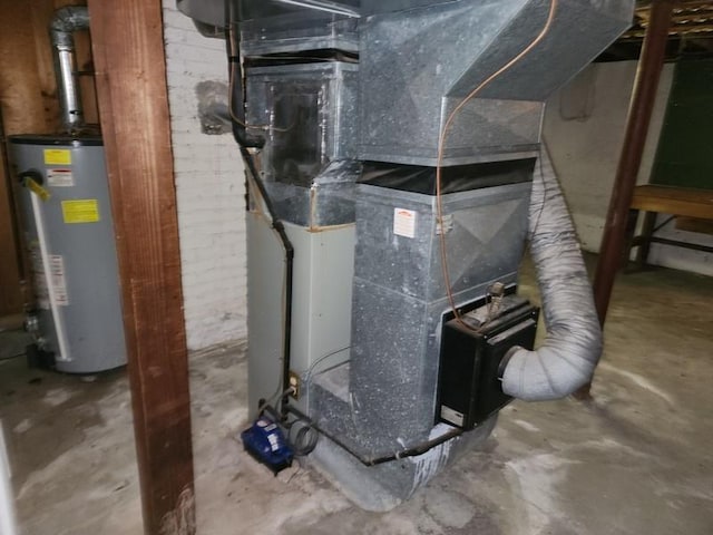 utility room with gas water heater and heating unit