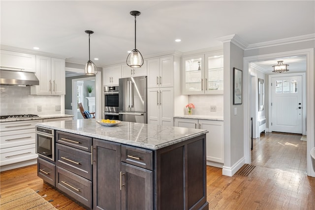 kitchen featuring under cabinet range hood, light wood-type flooring, appliances with stainless steel finishes, and white cabinets