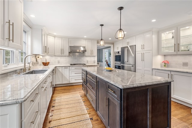 kitchen with white cabinets, appliances with stainless steel finishes, under cabinet range hood, and a sink