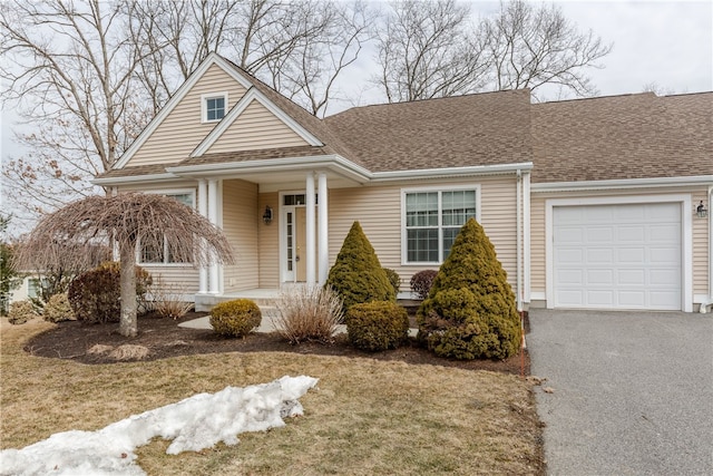 view of front of property featuring a garage, driveway, and roof with shingles