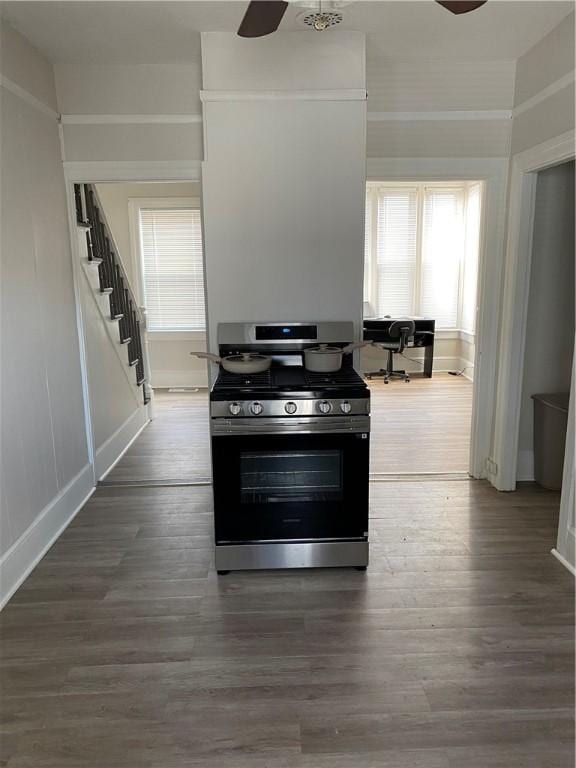 kitchen featuring dark wood-style floors, gas stove, and a wealth of natural light