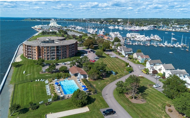 aerial view featuring a water view