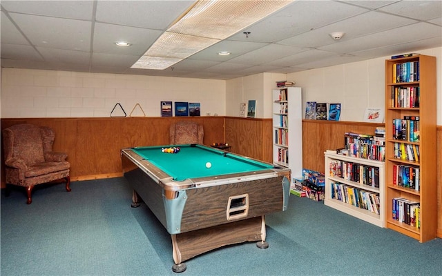 playroom featuring carpet floors, wainscoting, a drop ceiling, and billiards