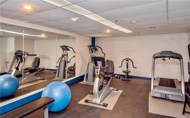 workout room featuring concrete block wall and a paneled ceiling