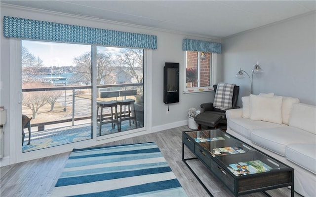 living area with ornamental molding, wood finished floors, and baseboards