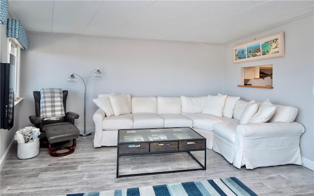 living room featuring wood finished floors and baseboards