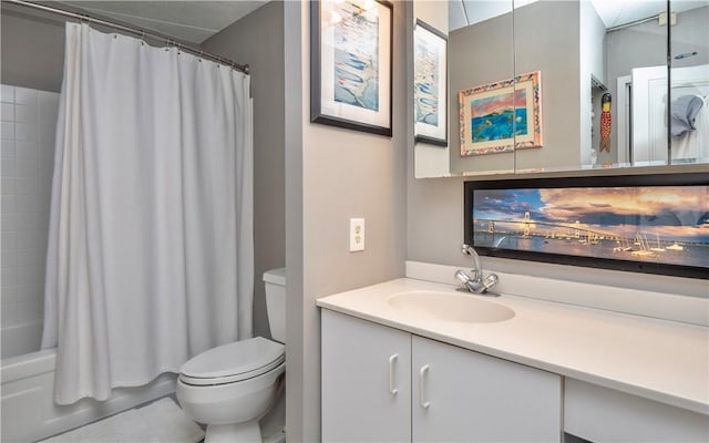 bathroom featuring vanity, toilet, and shower / tub combo with curtain