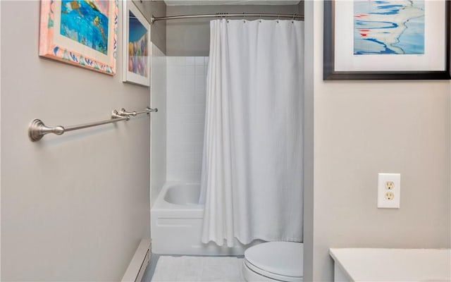 bathroom featuring a baseboard heating unit, shower / bath combo with shower curtain, and toilet