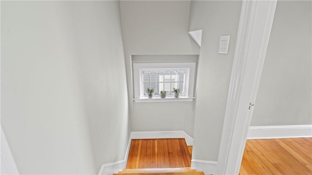 corridor with baseboards and wood finished floors