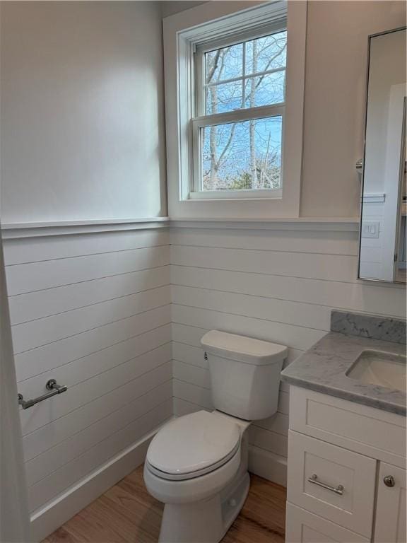 bathroom with vanity, wood finished floors, and toilet