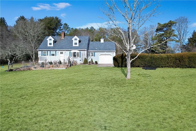 cape cod house with a garage, driveway, a chimney, and a front lawn