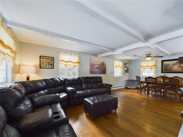 living area with a healthy amount of sunlight, beamed ceiling, baseboard heating, and wood finished floors