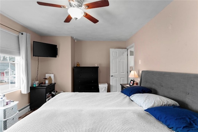 bedroom with a baseboard heating unit and ceiling fan