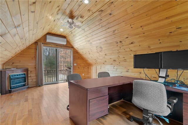 office area featuring wood ceiling, wooden walls, wood finished floors, and a wall mounted AC