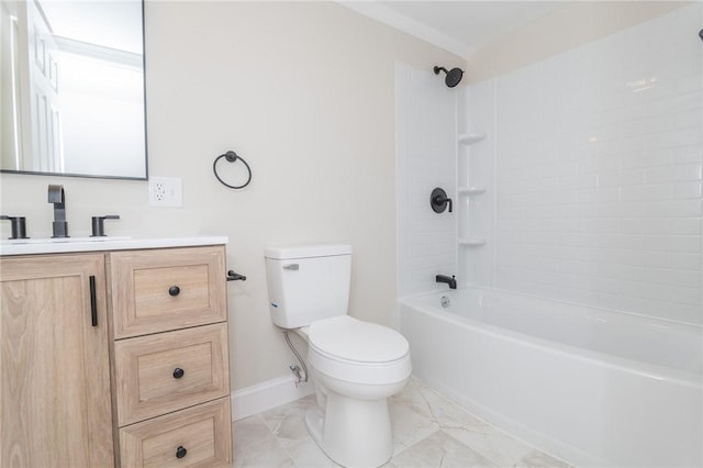 full bath with shower / washtub combination, marble finish floor, toilet, vanity, and baseboards