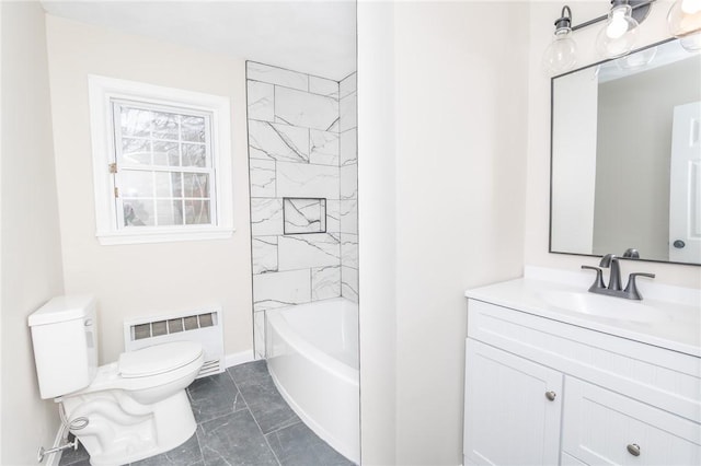 full bath featuring toilet, vanity, baseboards, marble finish floor, and radiator heating unit