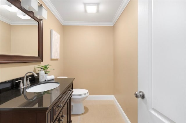 bathroom with tile patterned flooring, toilet, vanity, baseboards, and crown molding