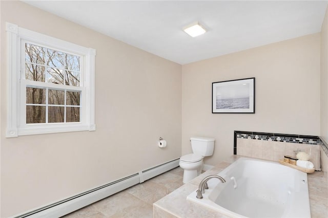 full bathroom with a baseboard radiator, baseboards, toilet, and a bath