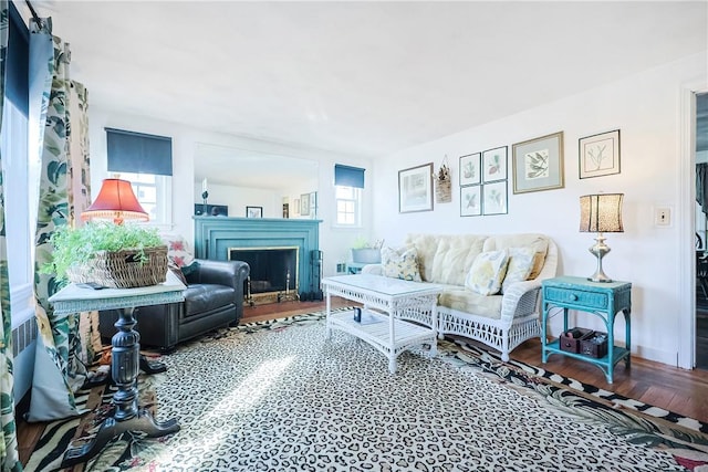 living room featuring a fireplace, wood finished floors, and a healthy amount of sunlight