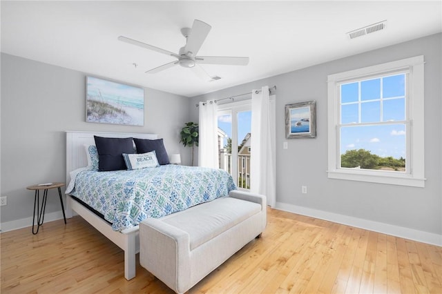 bedroom featuring light wood-type flooring, access to outside, visible vents, and baseboards