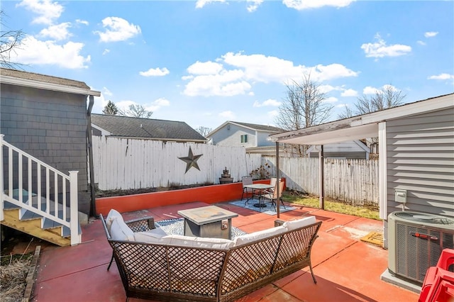 view of patio featuring central air condition unit, outdoor dining area, a fenced backyard, and outdoor lounge area