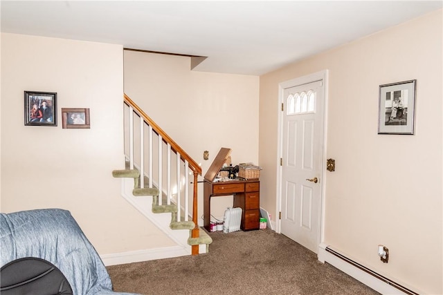 foyer featuring stairway, carpet floors, baseboards, and a baseboard radiator