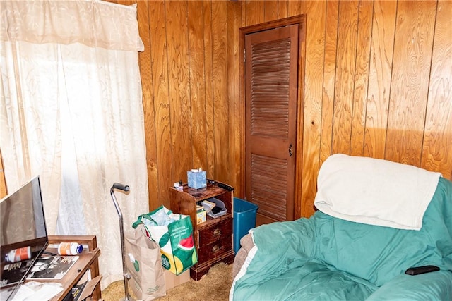 living area with wooden walls and carpet flooring