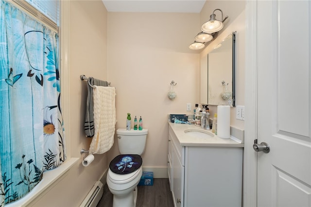 full bathroom featuring shower / bath combo, baseboards, toilet, wood finished floors, and vanity