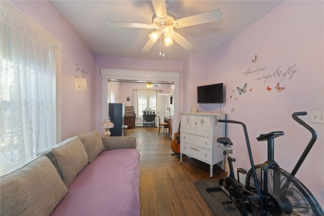 living area featuring ceiling fan and wood finished floors