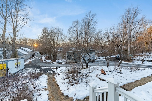 yard layered in snow with an outbuilding