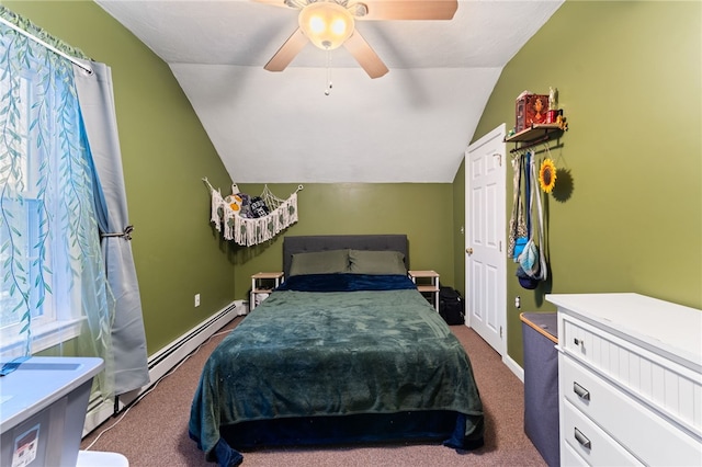 bedroom with lofted ceiling, a baseboard heating unit, ceiling fan, and carpet floors