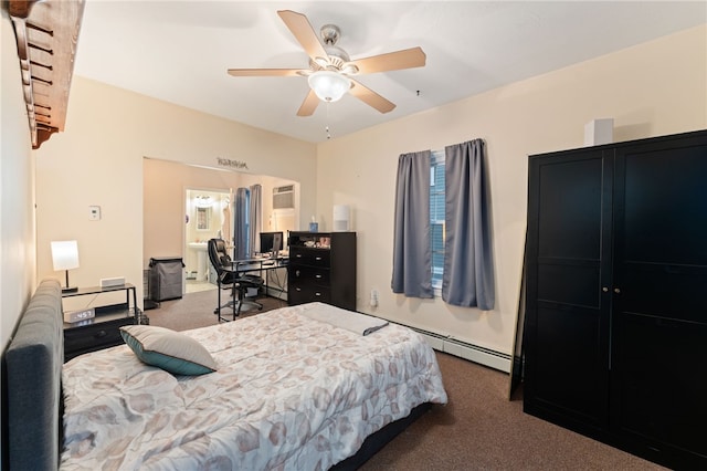 carpeted bedroom with ceiling fan, a baseboard heating unit, and a wall mounted air conditioner