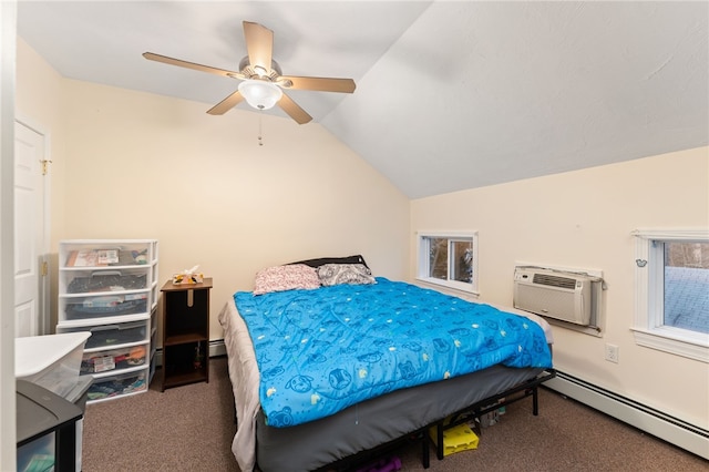 carpeted bedroom featuring lofted ceiling, a baseboard radiator, ceiling fan, and an AC wall unit