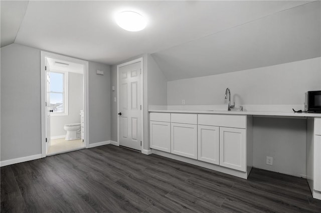 additional living space featuring dark wood-type flooring, vaulted ceiling, a sink, and baseboards