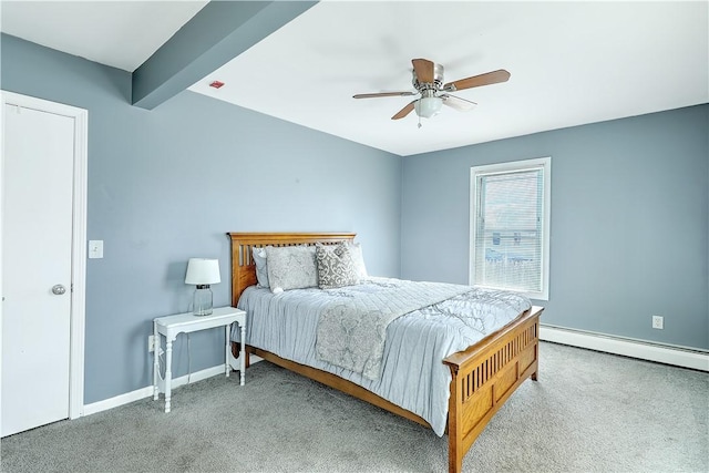 bedroom with carpet floors, beam ceiling, baseboards, and baseboard heating