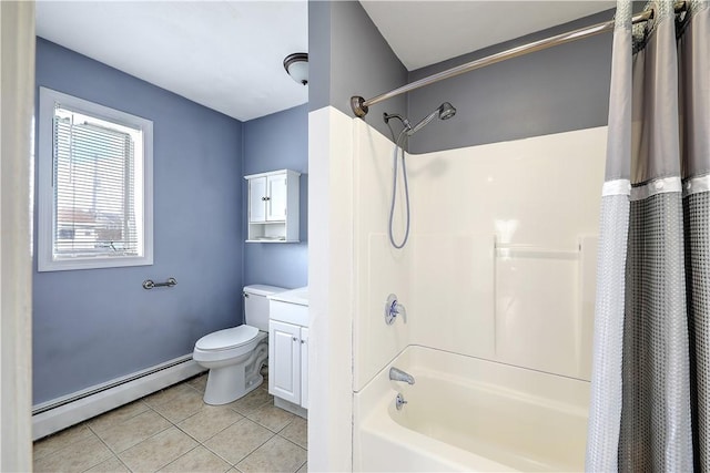 bathroom with shower / bath combo, toilet, tile patterned floors, baseboard heating, and vanity