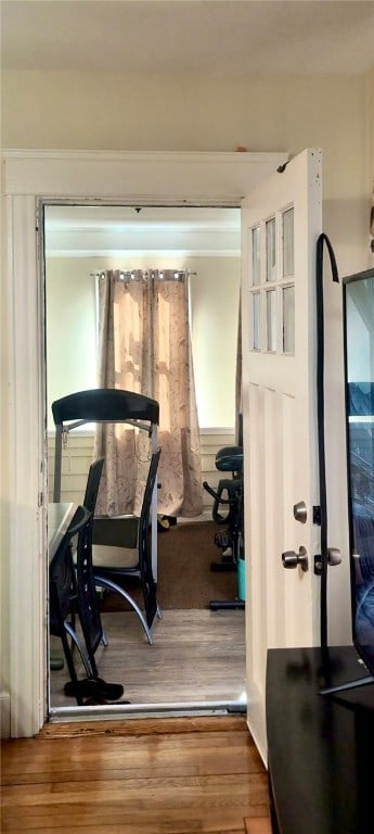 workout room featuring wood finished floors