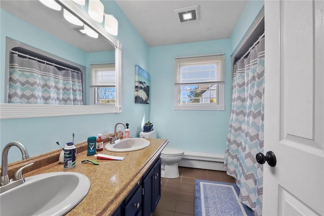 bathroom with a baseboard heating unit, tile patterned floors, toilet, and a sink