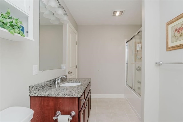 full bathroom with tile patterned flooring, visible vents, baseboards, toilet, and vanity