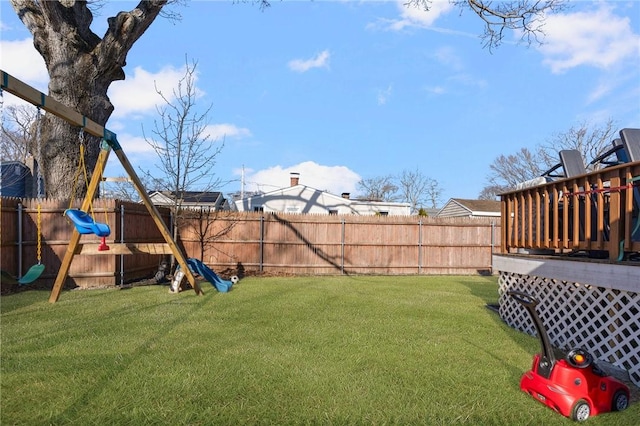 view of yard featuring a deck and a fenced backyard