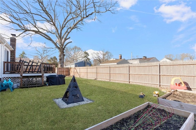 view of yard featuring a deck, a vegetable garden, and a fenced backyard